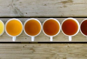 overhead view of cups of tea on a wood table